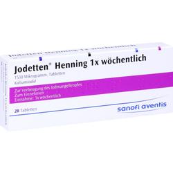 Weiße Medikamentenverpackung für wöchentliche Einnahme von Jodtabletten zur Vorbeugung.