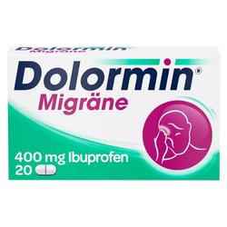 Verpackung von Dolormin Migräne mit 400 mg Ibuprofen, Abbildung eines Kopfschmerz-Symbols.