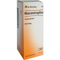 Eine Schachtel Nierentropfen mit orangenem und weißem Design.