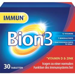 Verpackung von Bion3 Immun Tabletten mit Vitaminen und Mineralstoffen zur Unterstützung des Immunsystems.